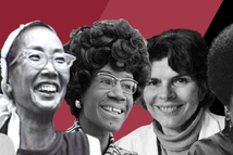 Black and white photos of historical Reproductive Justice leaders against a maroon and black background.