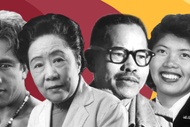 Black and white photos of Asian Pacific American historical figures against a dynamic maroon and gold background.