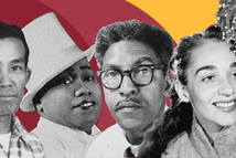 Black and white images of queer historical figures against a dynamic maroon and gold background.