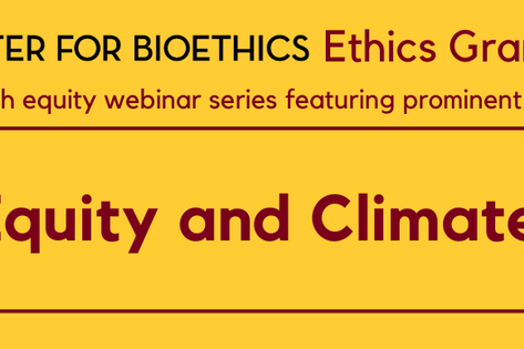 Yellow background flyer showing the event title "Health, Equity and Climate Change