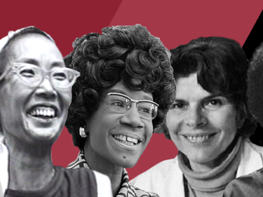 Black and white photos of historical Reproductive Justice leaders against a maroon and black background.