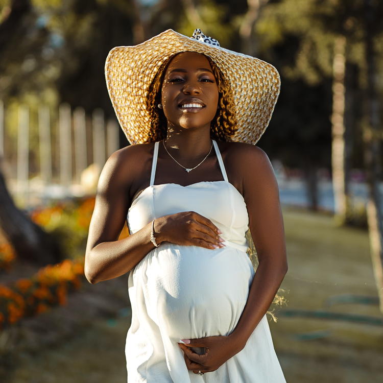 A Black mama holding her pregnant belly while wearing a sun dress and floppy hat.